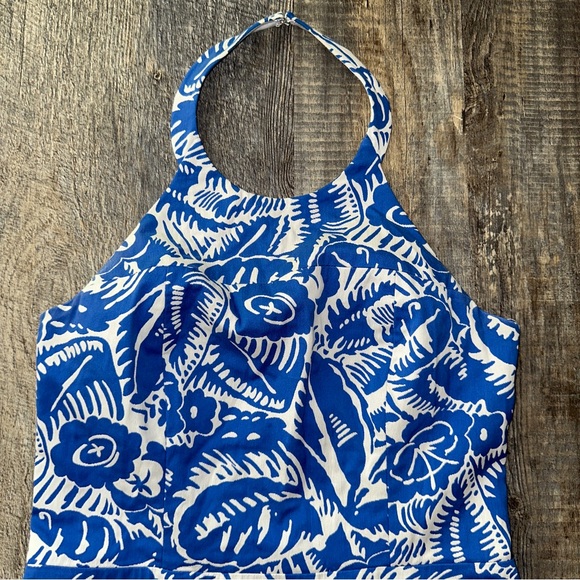 PARKER blue / white tropical print ruffled halterneck mini dress S - Picture 2 of 11